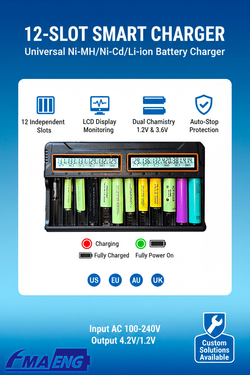12 slot Ni-MH Ni-Cd Li-ion charger