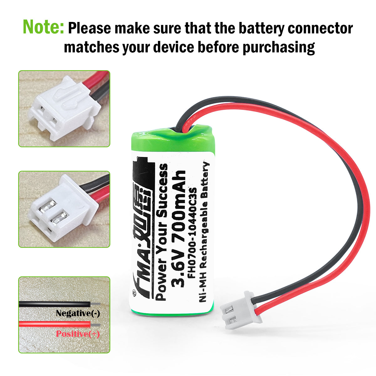 FMA Battery Ni-MH battery 10440C3SY 3.6V 700mAh-Connector and polarity
