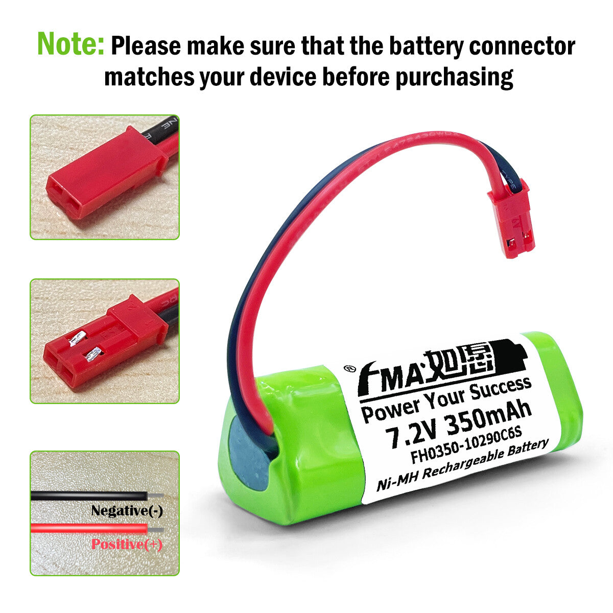 Ni-MH battery 7.2V 350mAh-Connector and polarity 6SY
