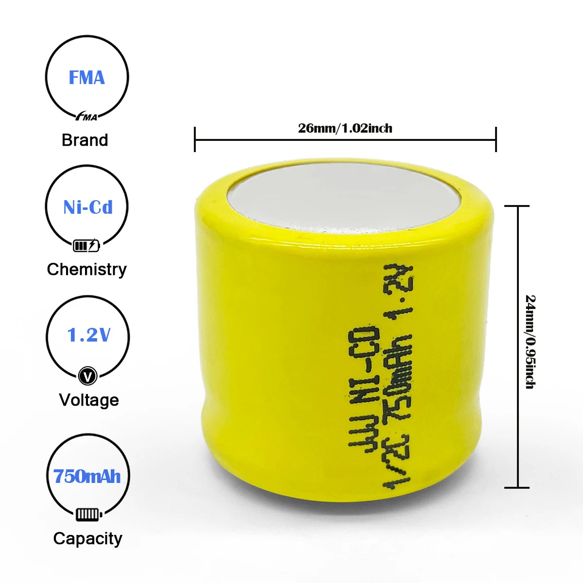2pcs 1/2C 1.2V 750mAh Ni-Cd Rechargeable Battery Nickel Cadium for Flashlight Power tools Optoelectronic Luminous Voice Toys