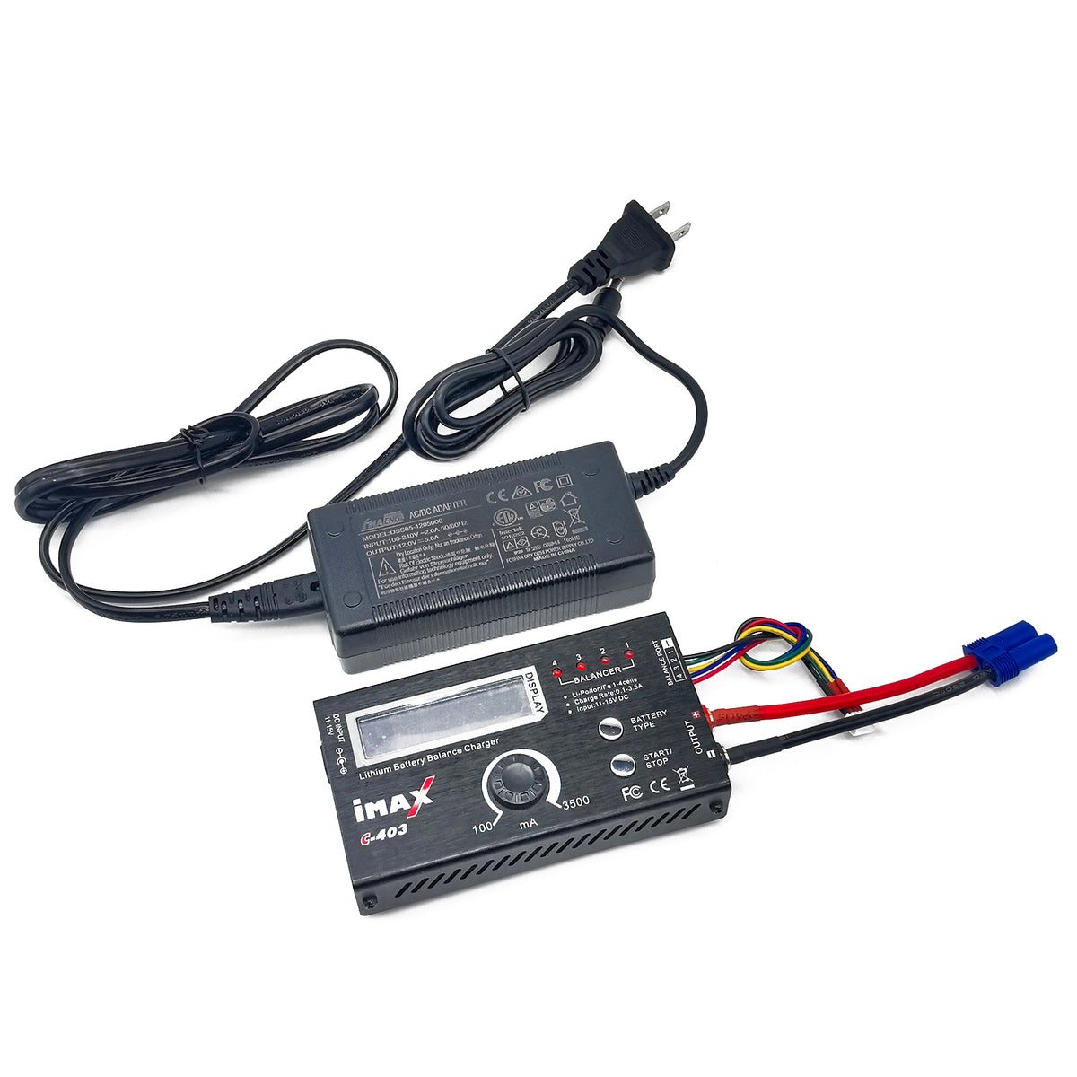1-4S 3.7/7.4/11.1/14.8V Li-Po/Li-ion 3.2/6.4/9.6/12.8V LiFe Battery Balance Charger Kit with 12V 5A Power Adapter & EC5 Cable