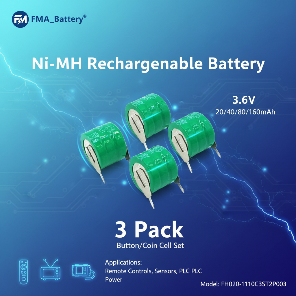 FMA Battery 3.6V Ni-MH Rechargeable Button Battery 3-Pack for Remote Controls, Sensors & PLC