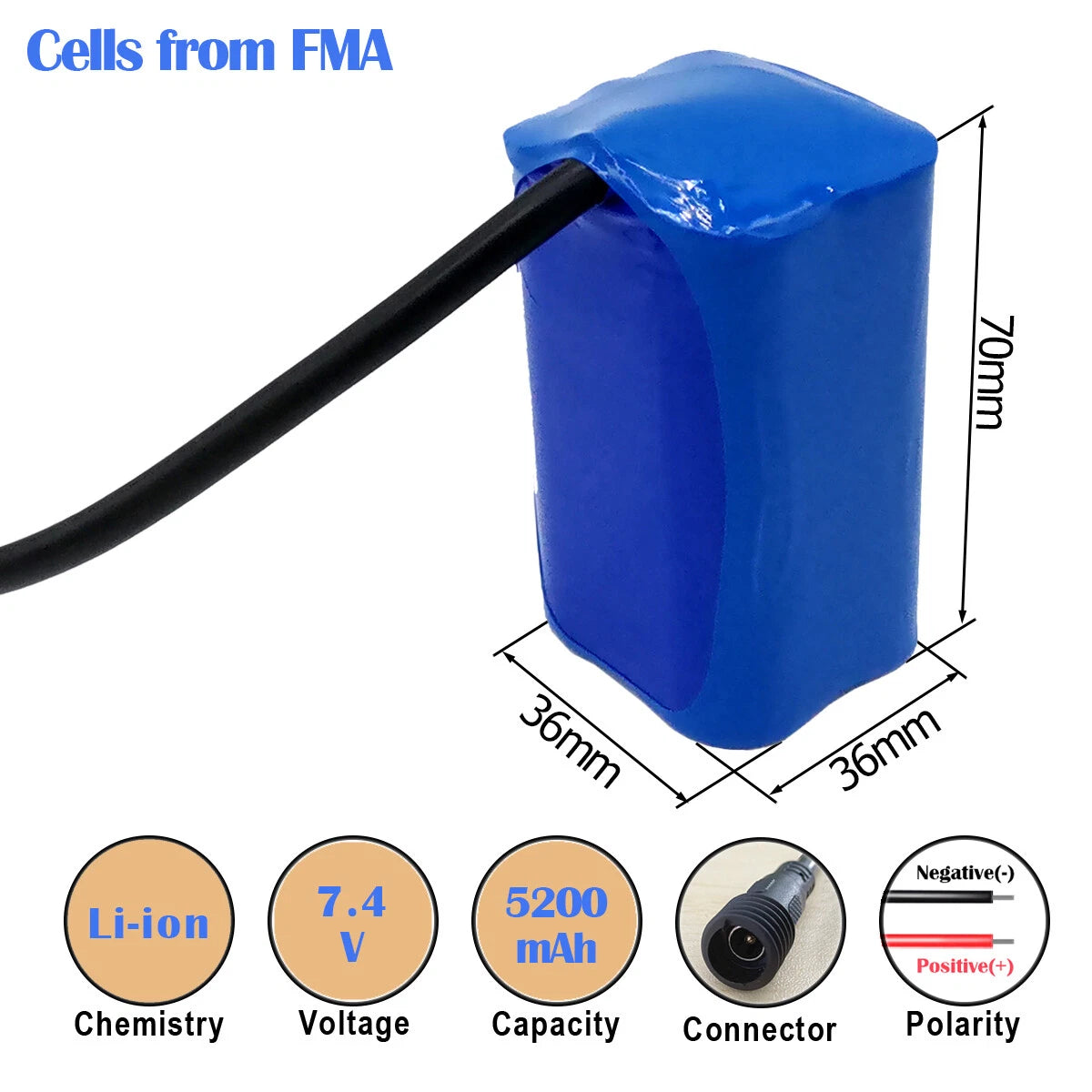 7.4V 5200mAh Li-ion Battery -Size and connector