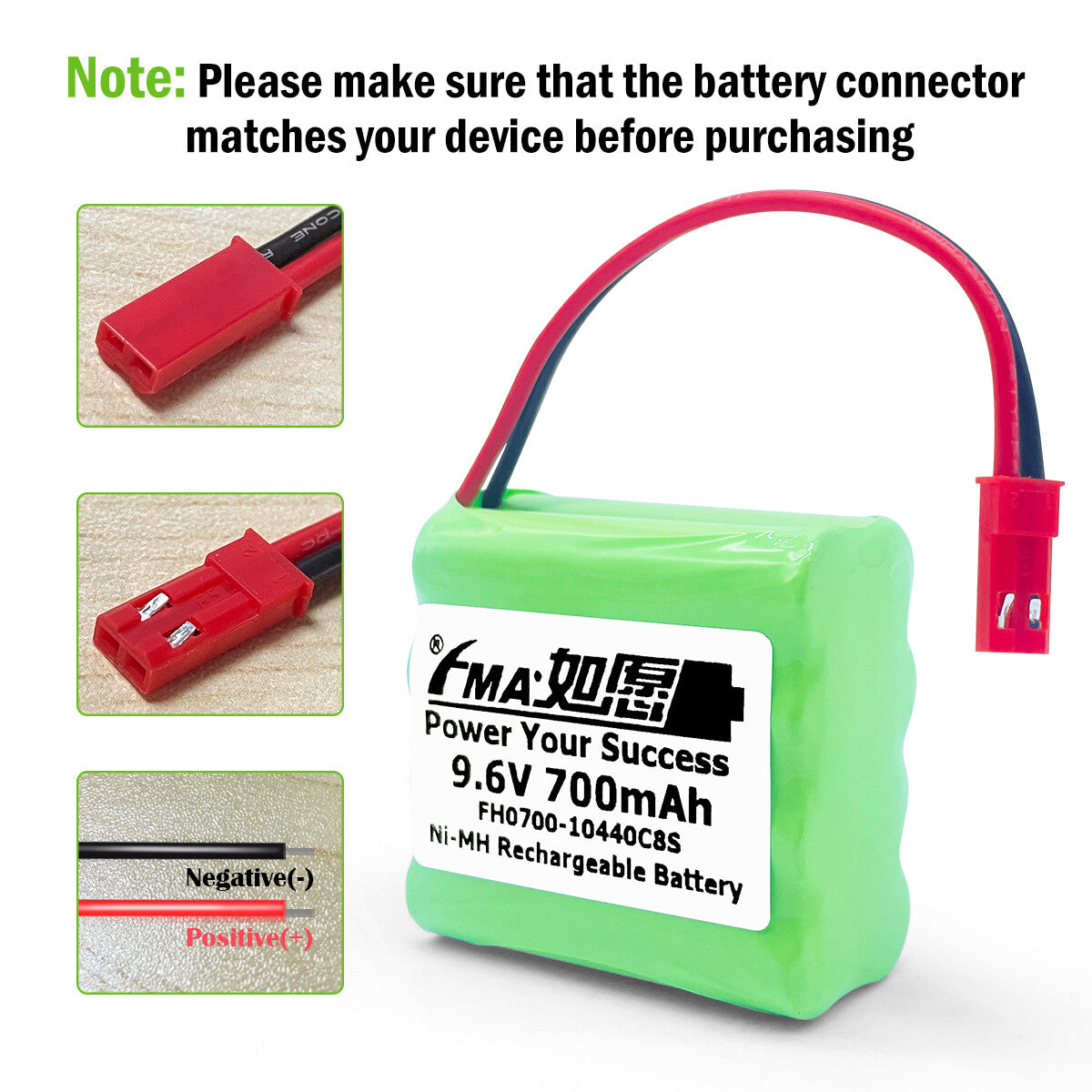 Ni-MH battery 9.6V 700mAh-Connector and polarity
