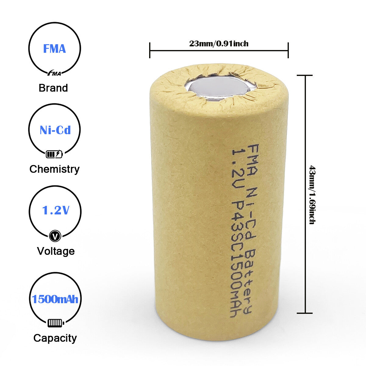 FMA Battery Ni-Cd battery SC 1.2V-1500mAh SIze
