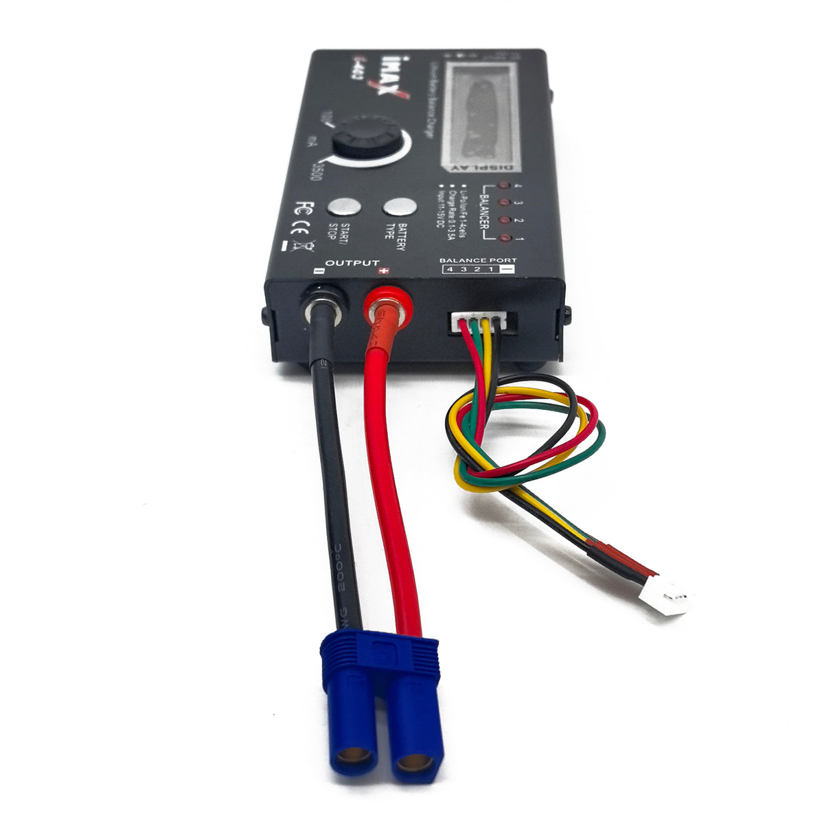 1-4S lithium battery balance charger connected to EC5 discharge lead and balance plug